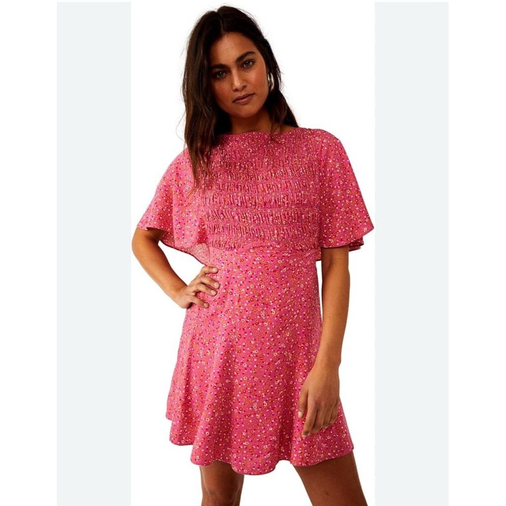 Free People Florence Mini Dress Femme Combo Pink Floral Size M Smocked Cottage